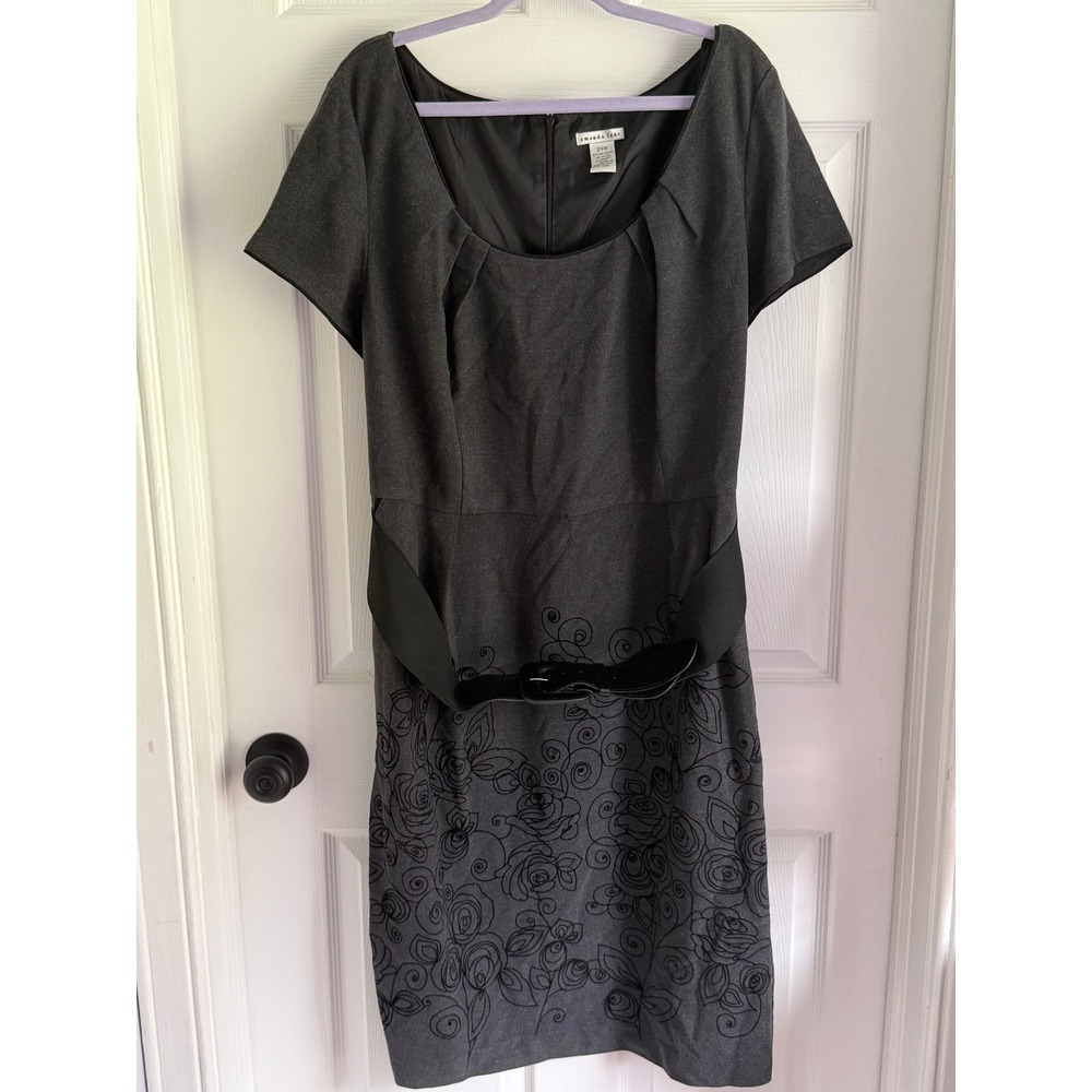 Amanda Lane Womens 24W Gray Sheath Dress Short Sleeve Belted Career